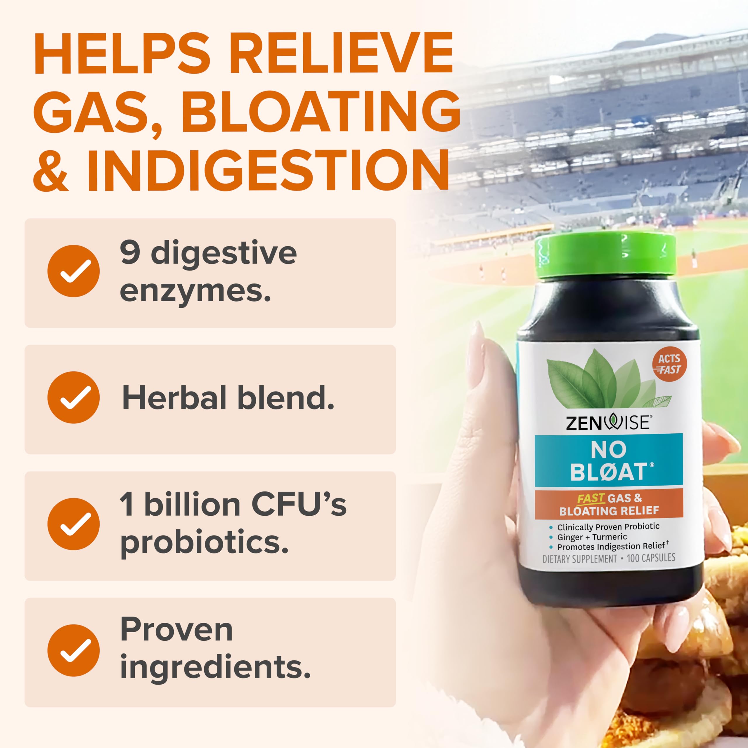 Zenwise No Bloat probiotic bottle highlighting alive-delivery in small intestine.