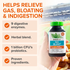 Zenwise No Bloat probiotic bottle highlighting alive-delivery in small intestine.
