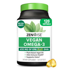 Zenwise Health vegan omega-3 bottle shown for daily immune and cognitive support.