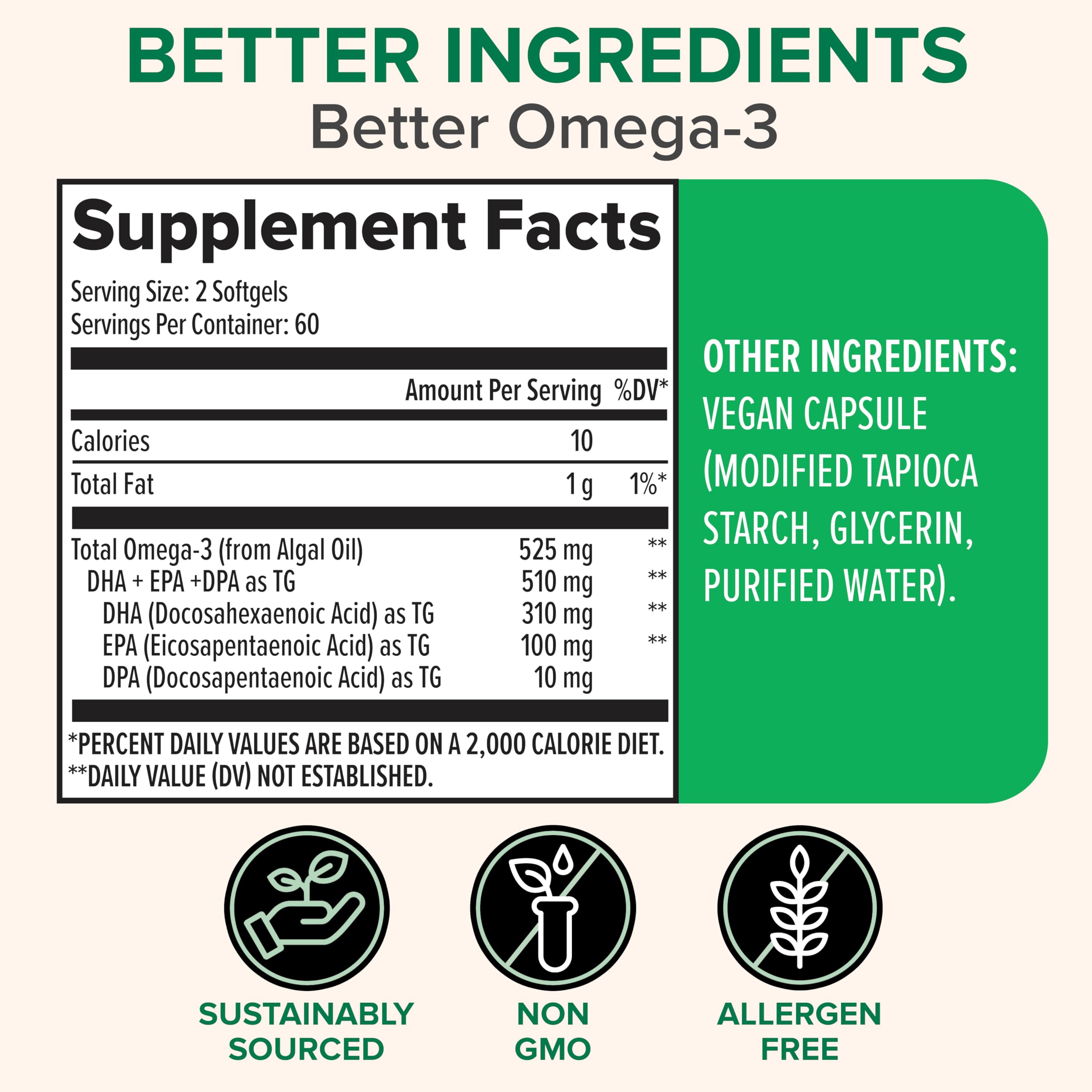 Zenwise Health vegan omega-3 softgels shown as burpless plant-based EPA/DHA benefits.