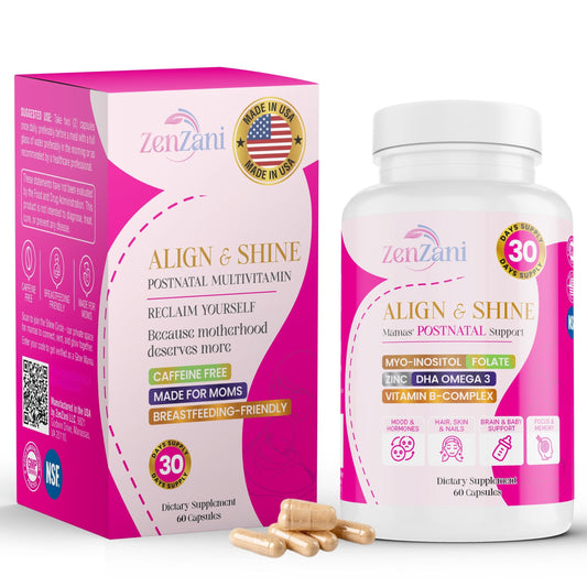 Zenzani Align & Shine bottle front promoting postnatal vitality for busy moms.