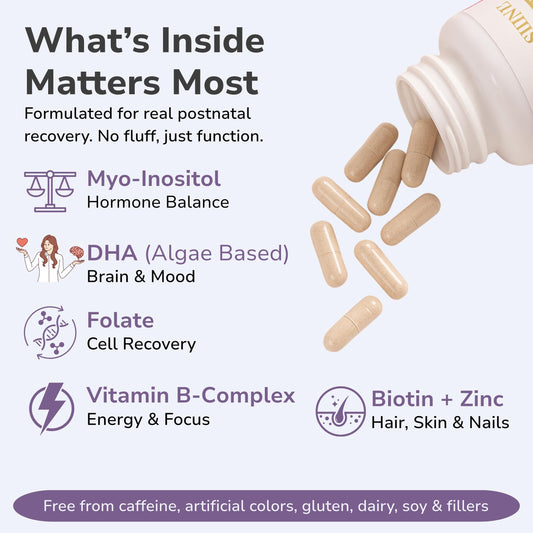 Close-up of capsules highlighting breastfeeding-friendly iron and folate for daily support.