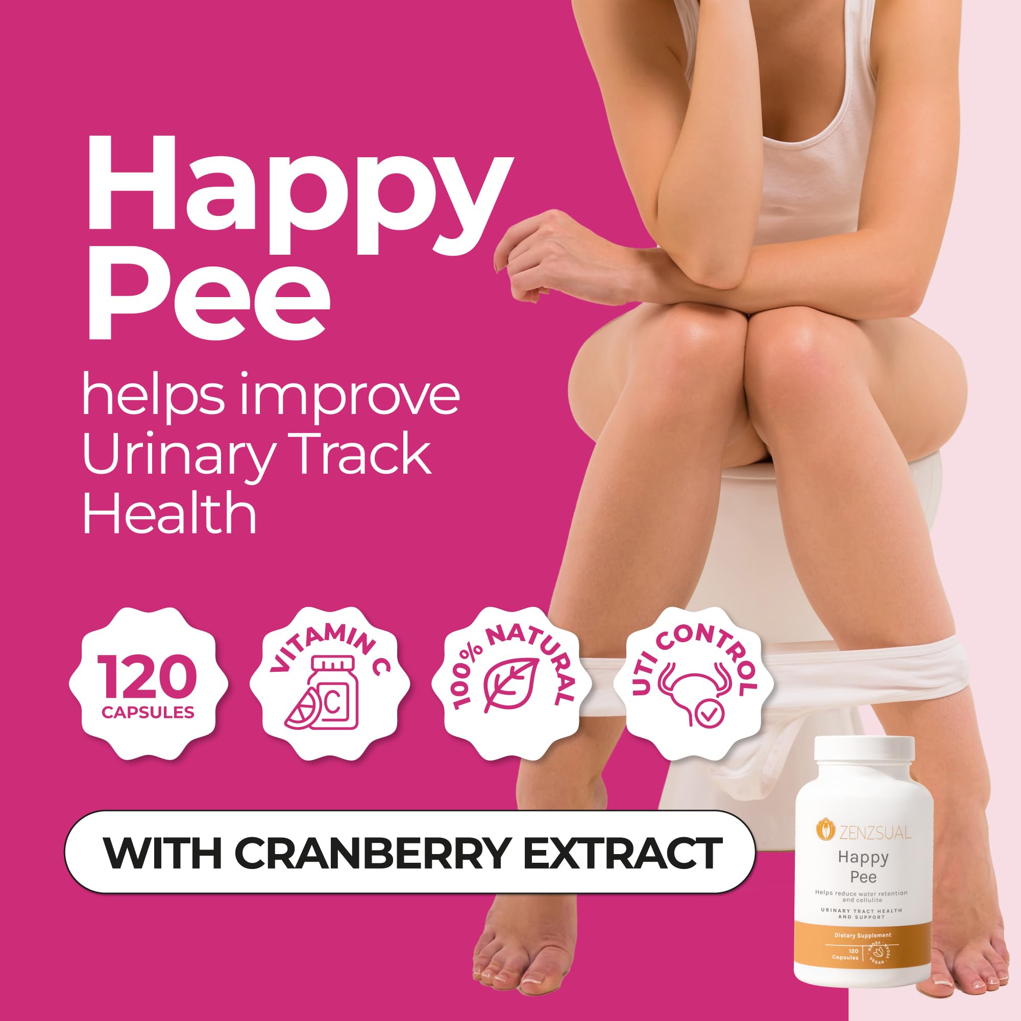 ZENZSUAL Happy Pee bottle pour illustrating a simple two-capsule daily routine.