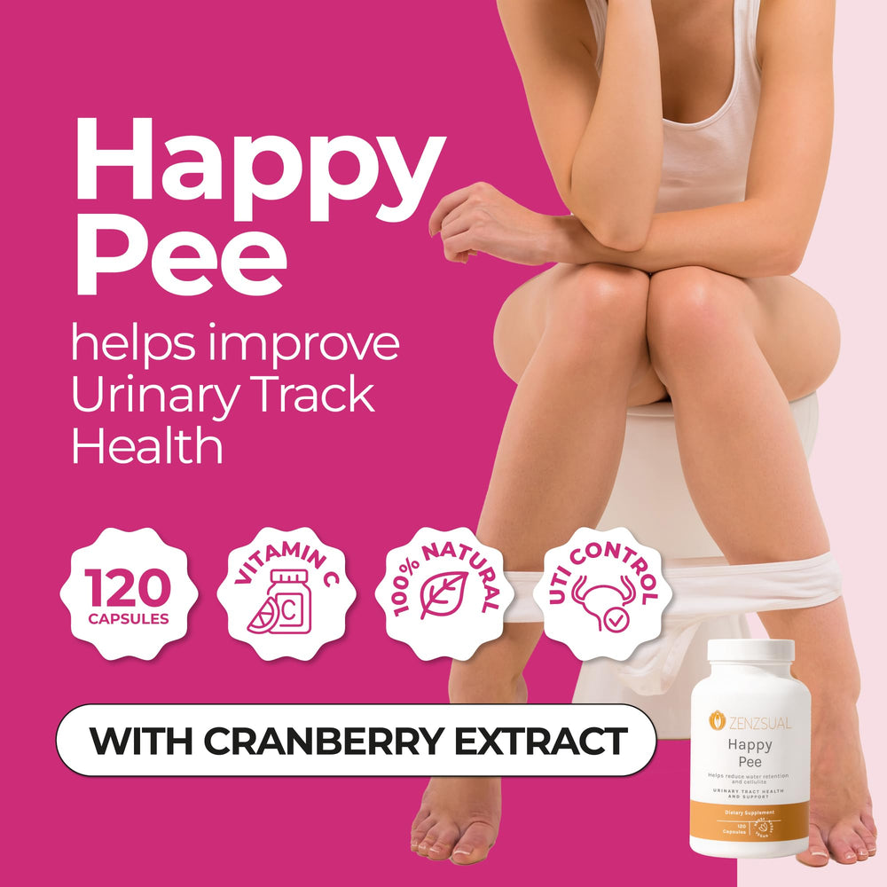 ZENZSUAL Happy Pee bottle pour illustrating a simple two-capsule daily routine.