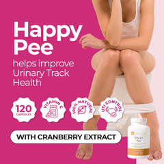 ZENZSUAL Happy Pee bottle pour illustrating a simple two-capsule daily routine.
