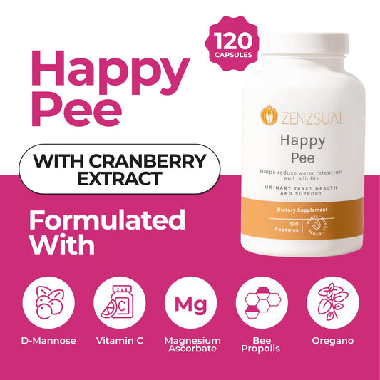 ZENZSUAL Happy Pee capsules close-up showing cranberry and D-Mannose for urinary comfort.