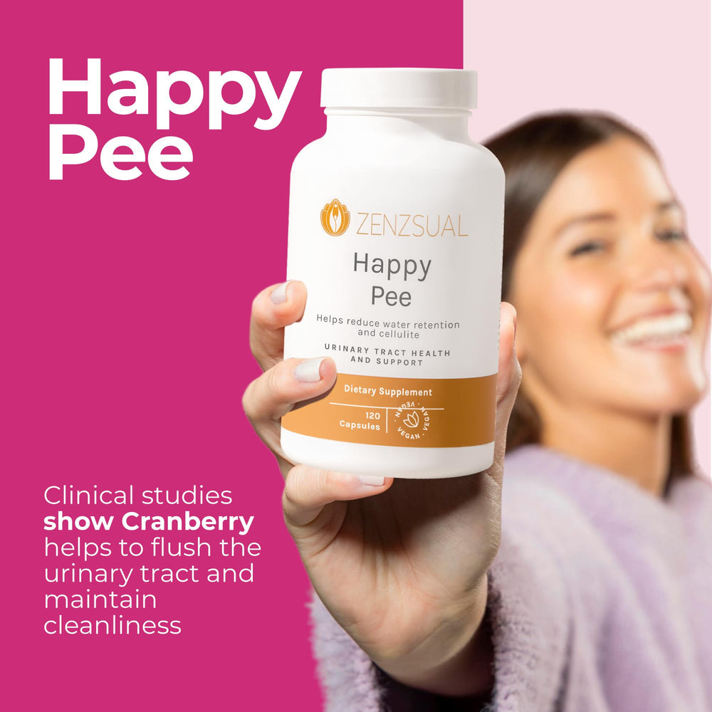 ZENZSUAL Happy Pee glass with capsules ready for daily wellness.