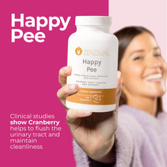 ZENZSUAL Happy Pee glass with capsules ready for daily wellness.