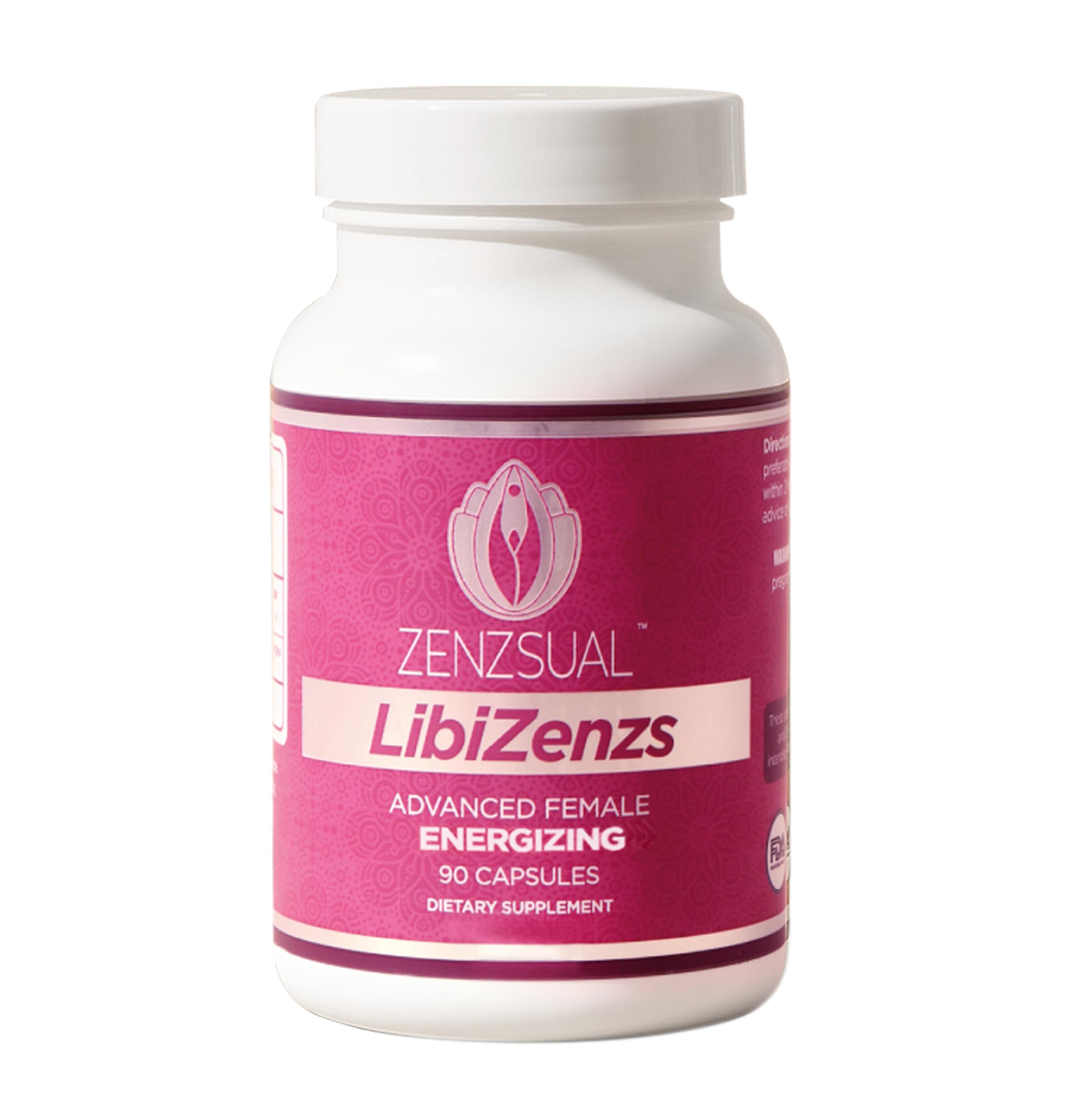 ZENZSUAL Libizenzs bottle displaying caffeine-free energy support for daily stamina.