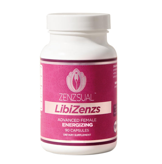 ZENZSUAL Libizenzs bottle displaying caffeine-free energy support for daily stamina.