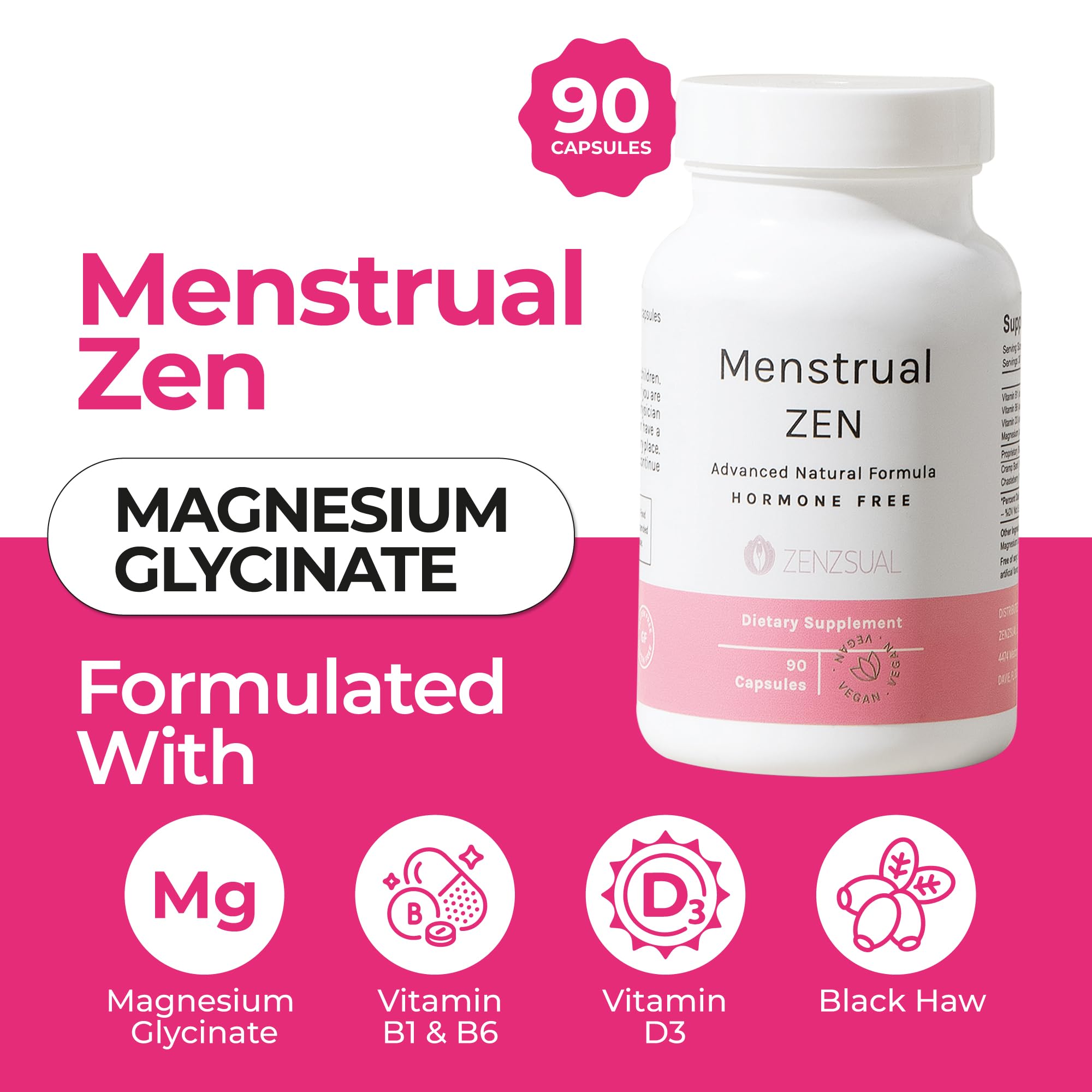 ZENZSUAL Menstrual Zen capsules close-up showing convenient symptom relief