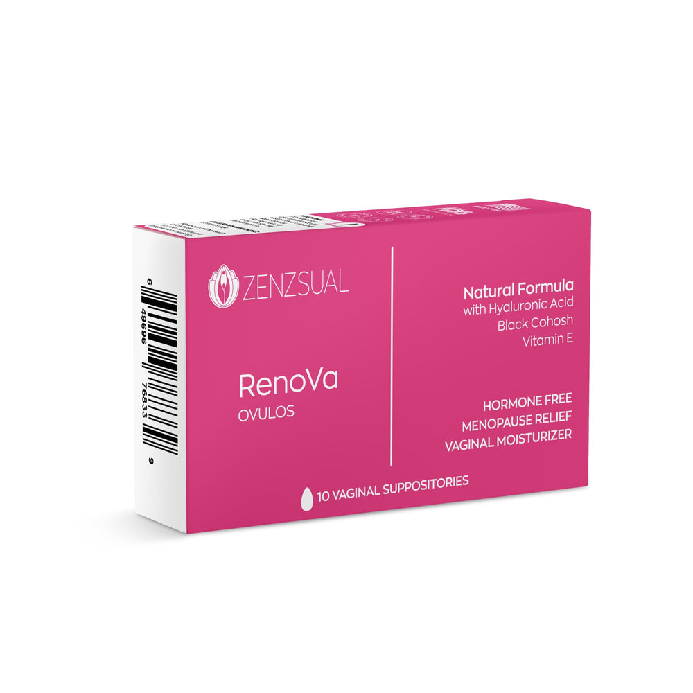 ZENZSUAL Renova Ovulos packaging box for discreet home use and daily hydration.