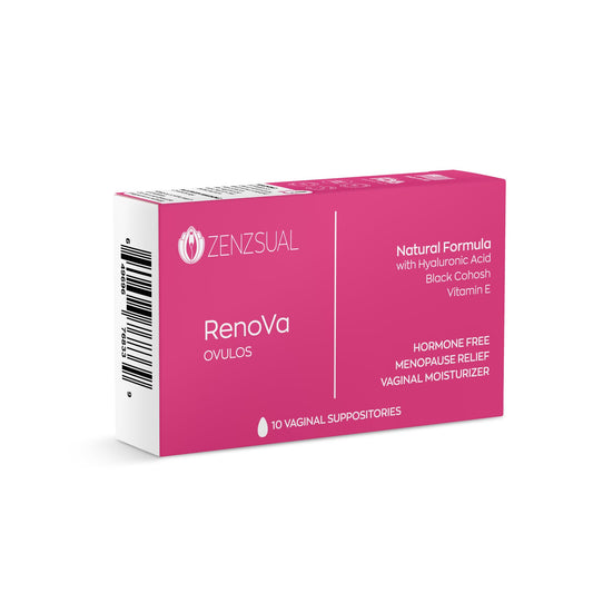 ZENZSUAL Renova Ovulos packaging box for discreet home use and daily hydration.