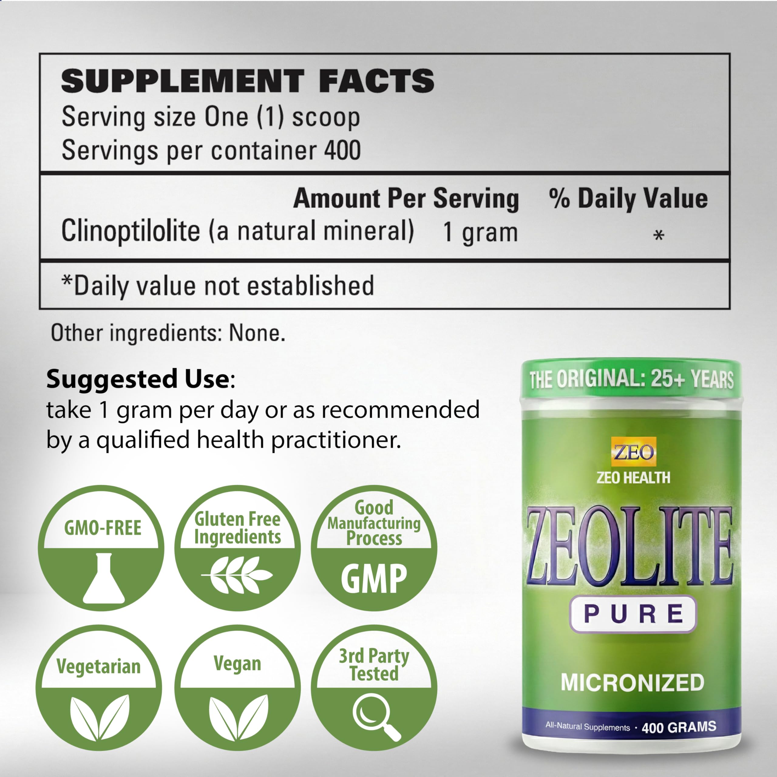 Zeo Health Zeolite Pure label close-up showing the product name