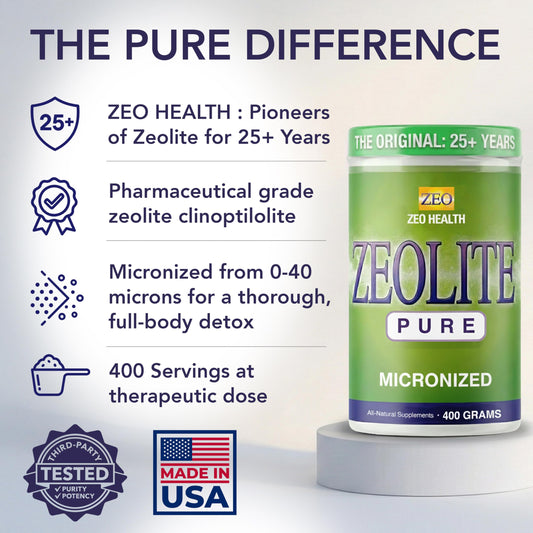 Zeo Health Zeolite Pure powder dispensed from a scoop into water
