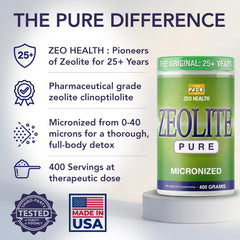 Zeo Health Zeolite Pure powder dispensed from a scoop into water