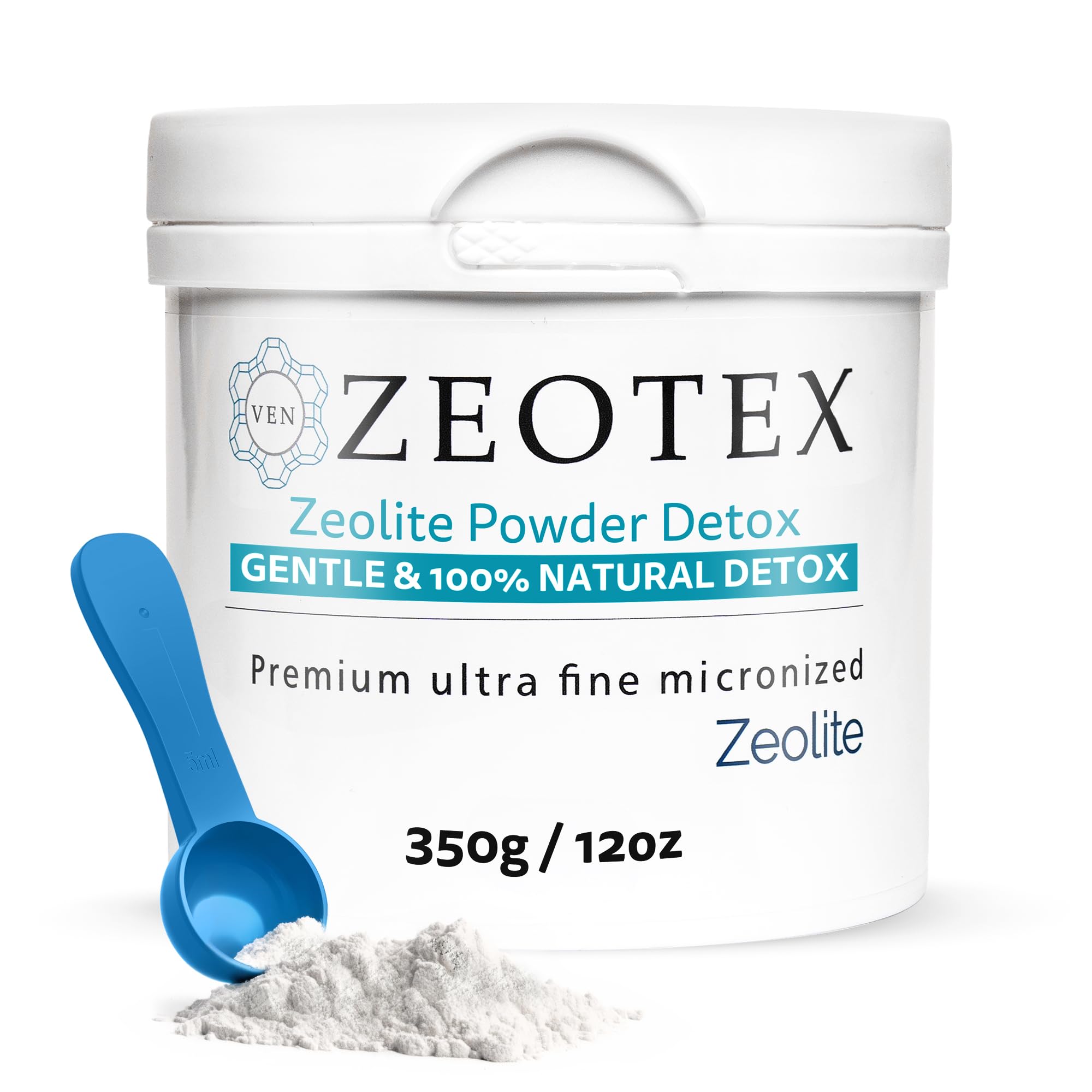 Zeotex 350g zeolite detox powder bottle for quick daily detox and gut support.