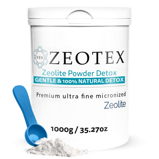 Zeotex zeolite detox powder bottle supports daily detox routines.