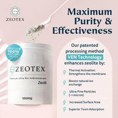 Zeotex powder in glass with water for easy blending into drinks.