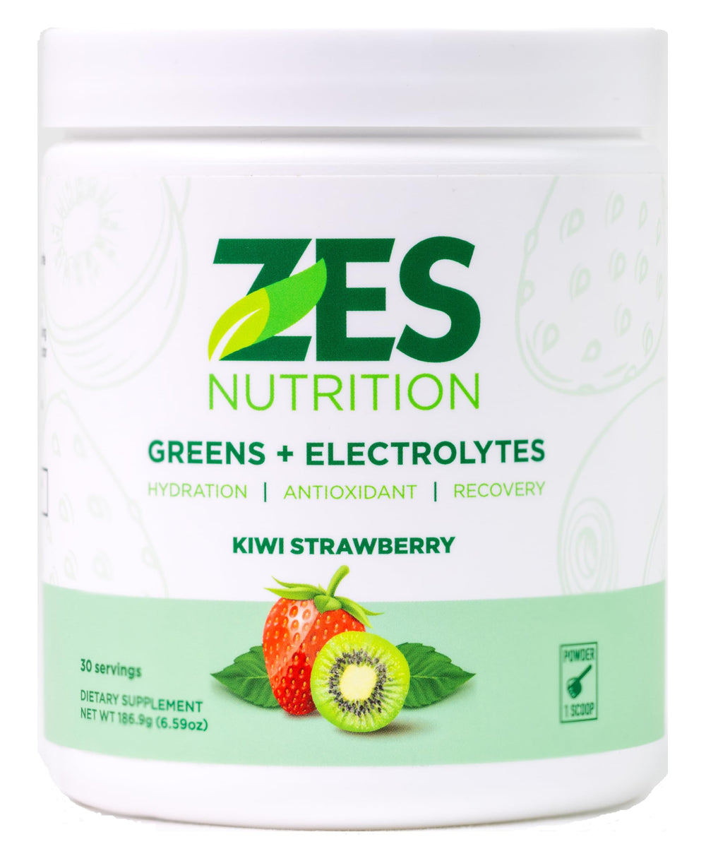 ZES Nutrition Greens + Electrolytes bottle pours kiwi-strawberry for refreshing hydration.