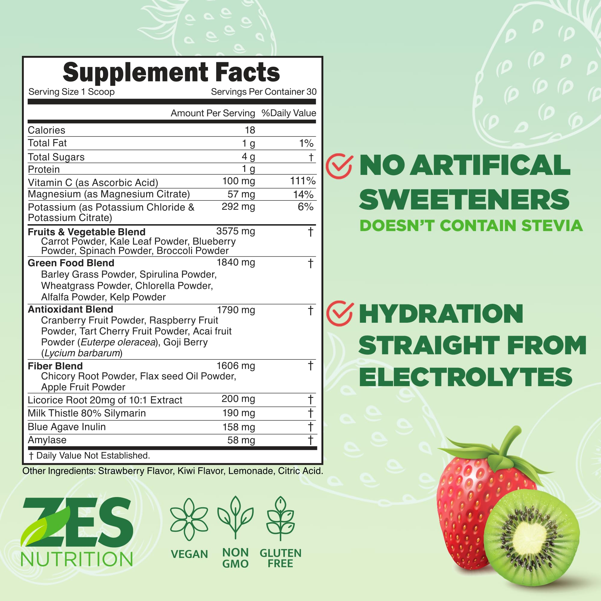 ZES Nutrition Greens + Electrolytes powder cloud captures kiwi-strawberry flavor in a shake.