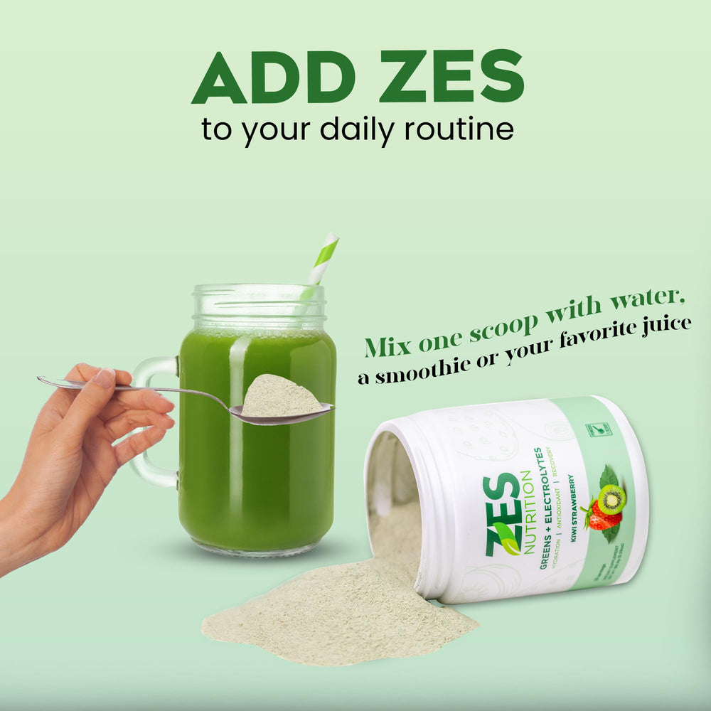 ZES Nutrition Greens + Electrolytes smoothie cup hints at a tasty morning boost.