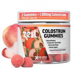 ZEST Colostrum Gummies peach close-up, highlighting chewy texture for gut health and immune support