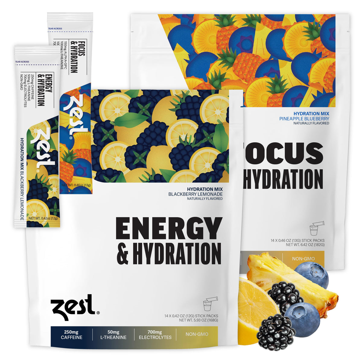 ZEST Energy & Focus variety pack box with portable sticks for on-the-go focus.