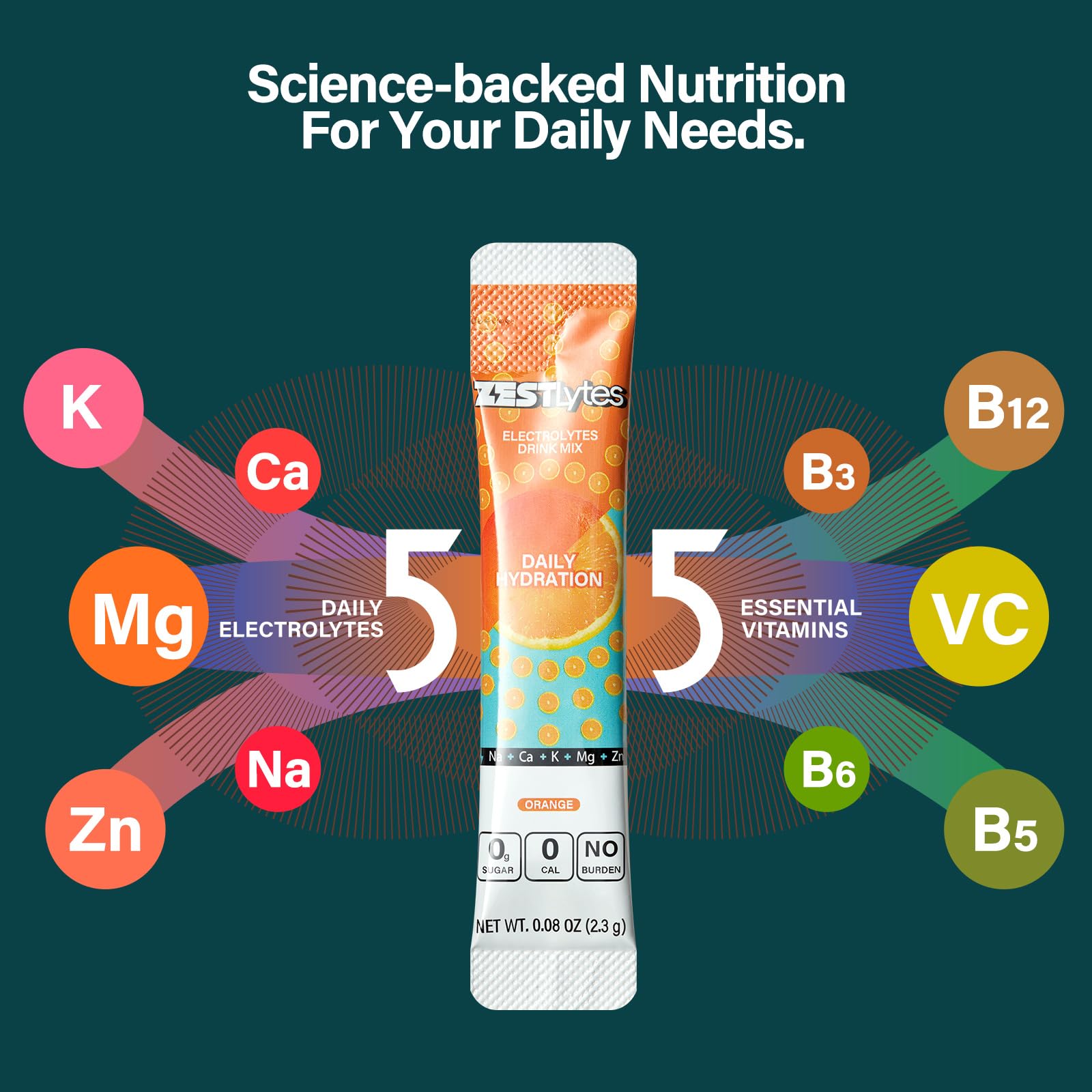 ZestLytes orange packet with NSF-certified badge indicating quality.