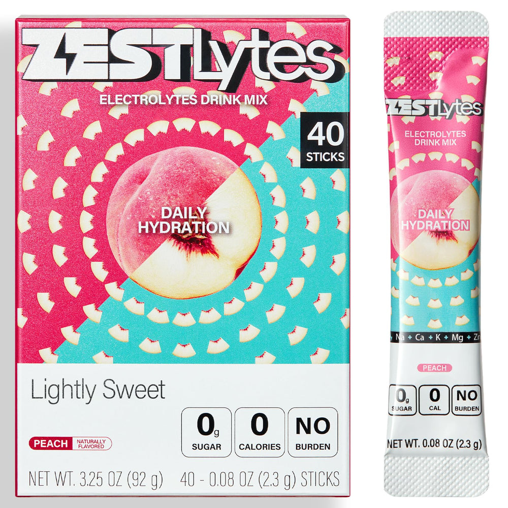 ZestLytes peach hydration packet front view shows sugar-free, zero-calorie refreshment.