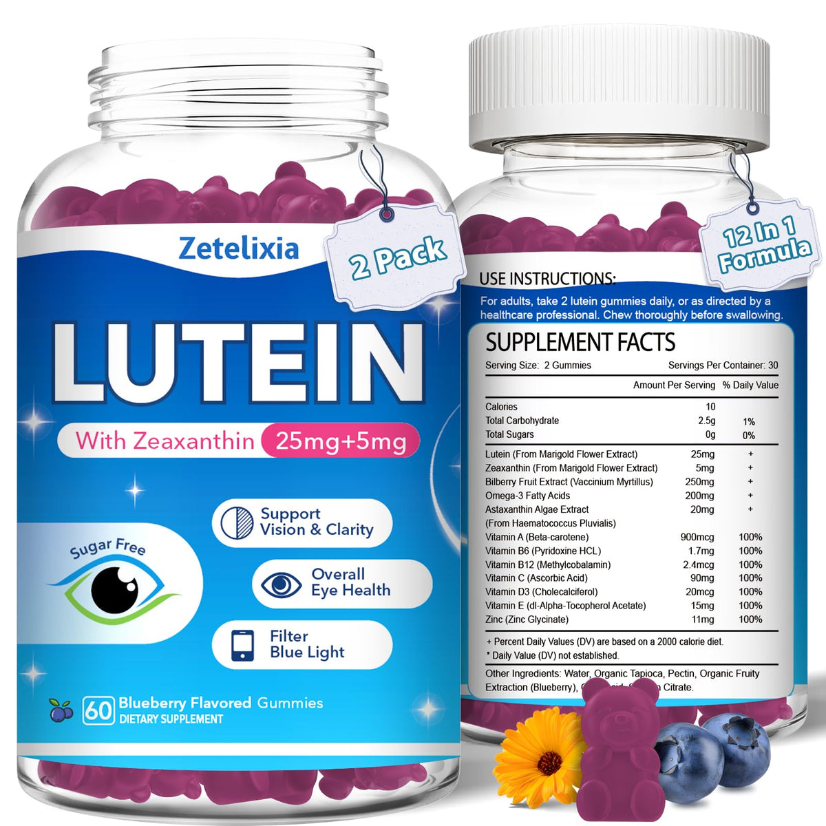 Zetelixia 2-pack lutein gummies bottle for daily eye health support.