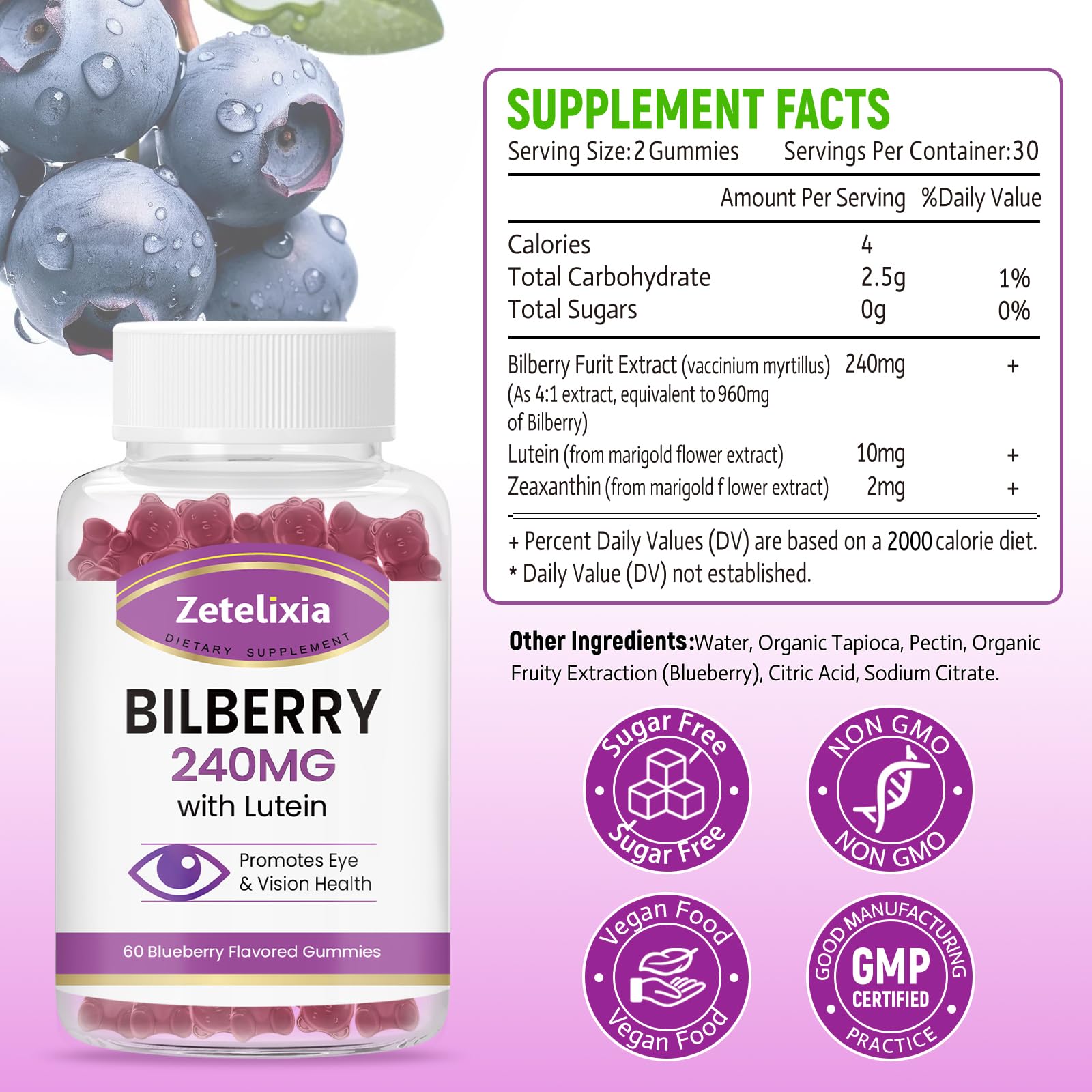 Zetelixia bilberry lutein zeaxanthin gummies close-up with fruity flavor and antioxidant support