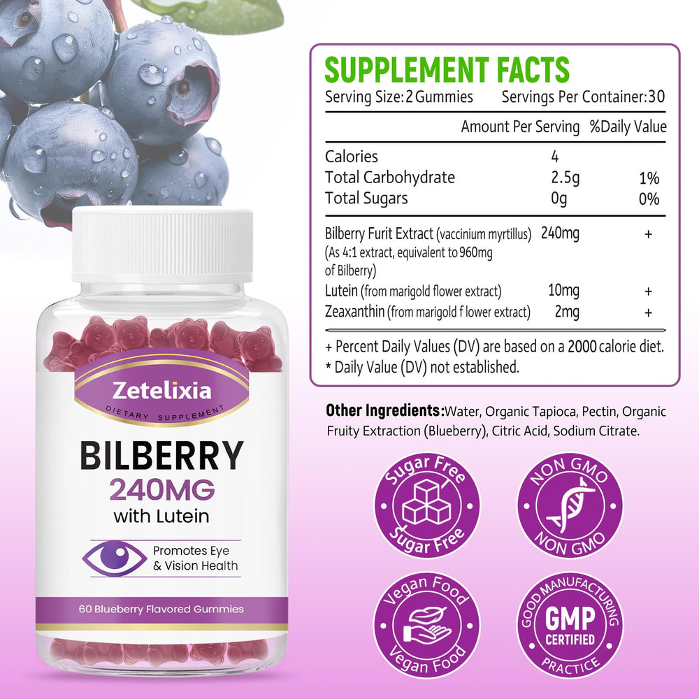 Zetelixia bilberry lutein zeaxanthin gummies close-up with fruity flavor and antioxidant support
