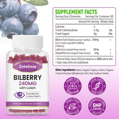 Zetelixia bilberry lutein zeaxanthin gummies close-up with fruity flavor and antioxidant support