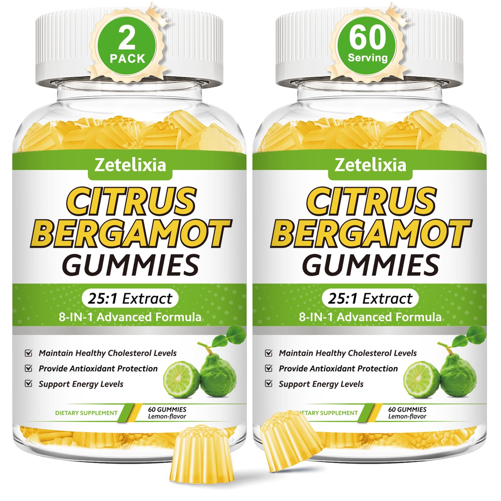 Zetelixia Citrus Bergamot Gummies 2-Pack front view, sugar-free lemon flavor for daily wellness.