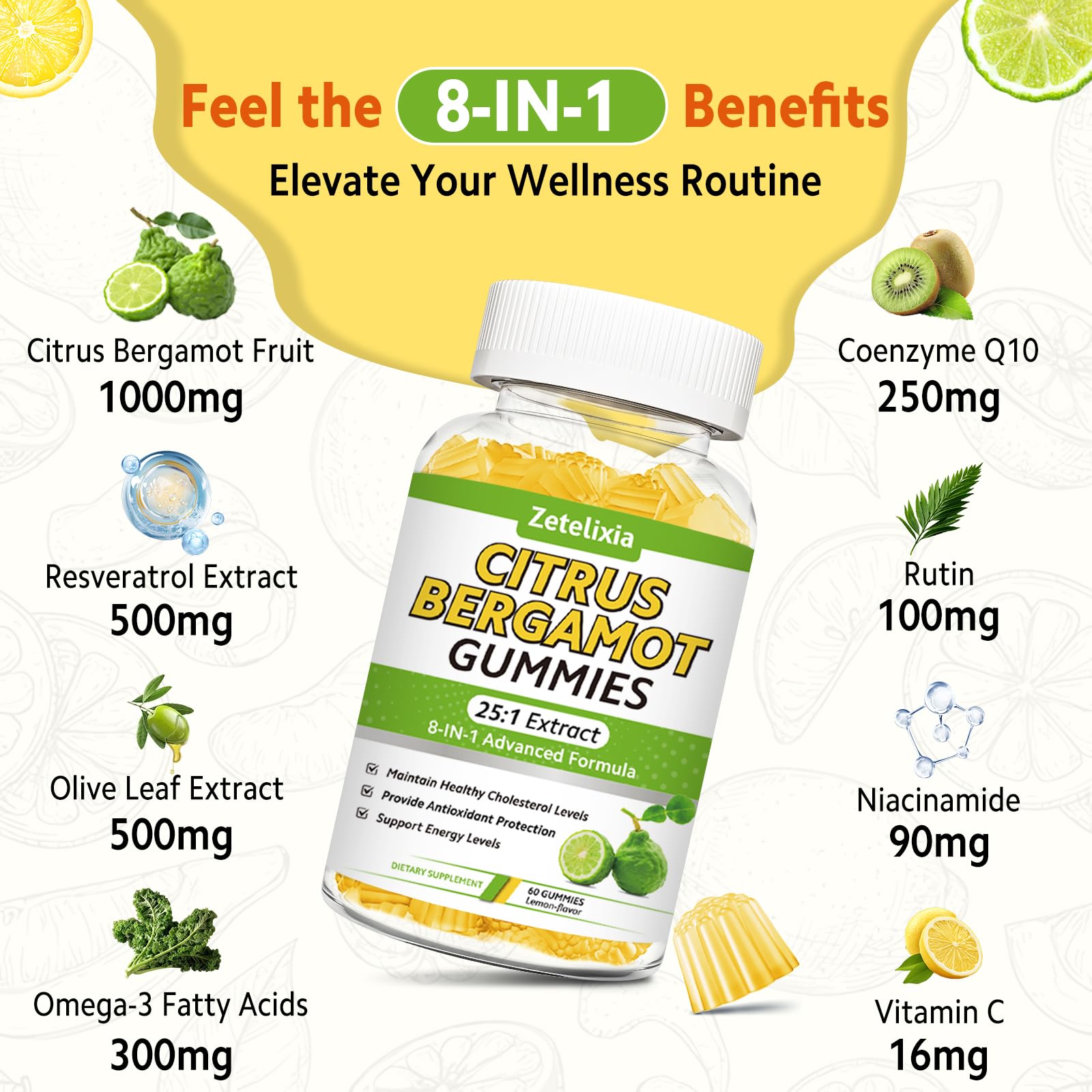 Zetelixia Citrus Bergamot Gummies bottle label close-up showing bergamot extract and antioxidants.