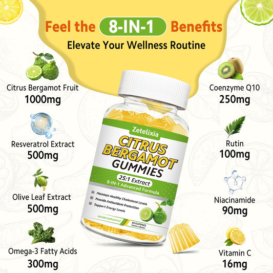 Zetelixia Citrus Bergamot Gummies bottle label close-up showing bergamot extract and antioxidants.