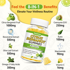 Zetelixia Citrus Bergamot Gummies bottle label close-up showing bergamot extract and antioxidants.
