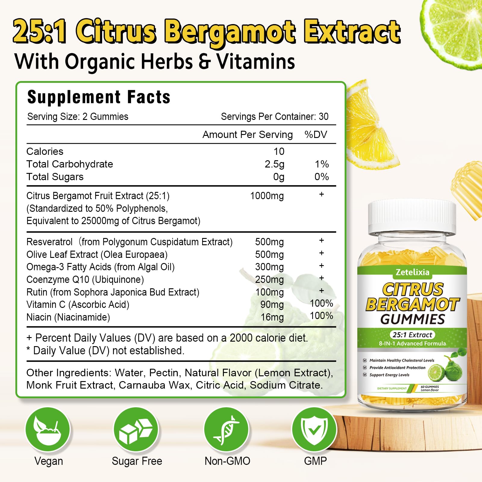 Zetelixia Citrus Bergamot Gummies texture close-up, chewy and vibrant yellow color.