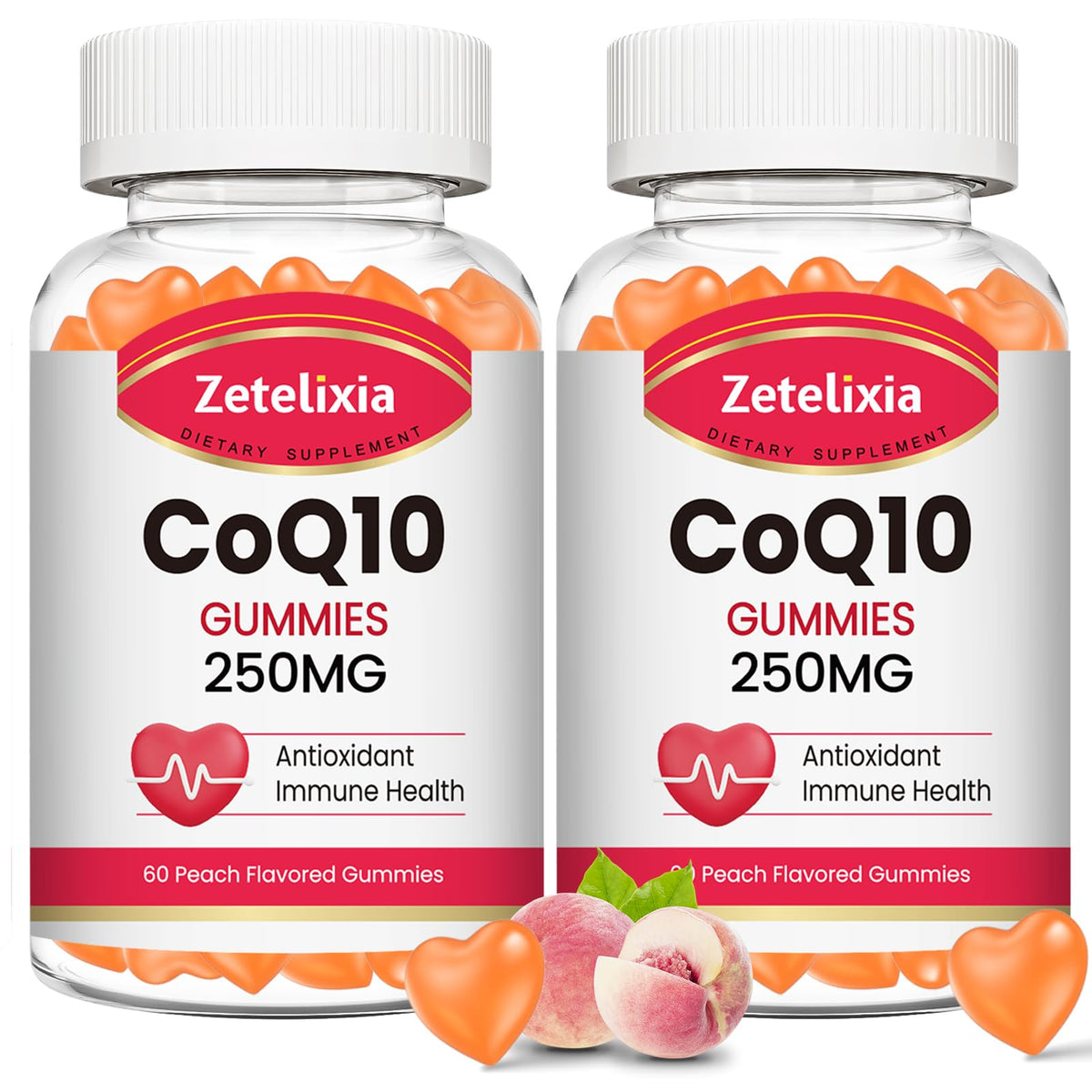 Zetelixia CoQ10 gummies in a peach bottle offering daily energy support.