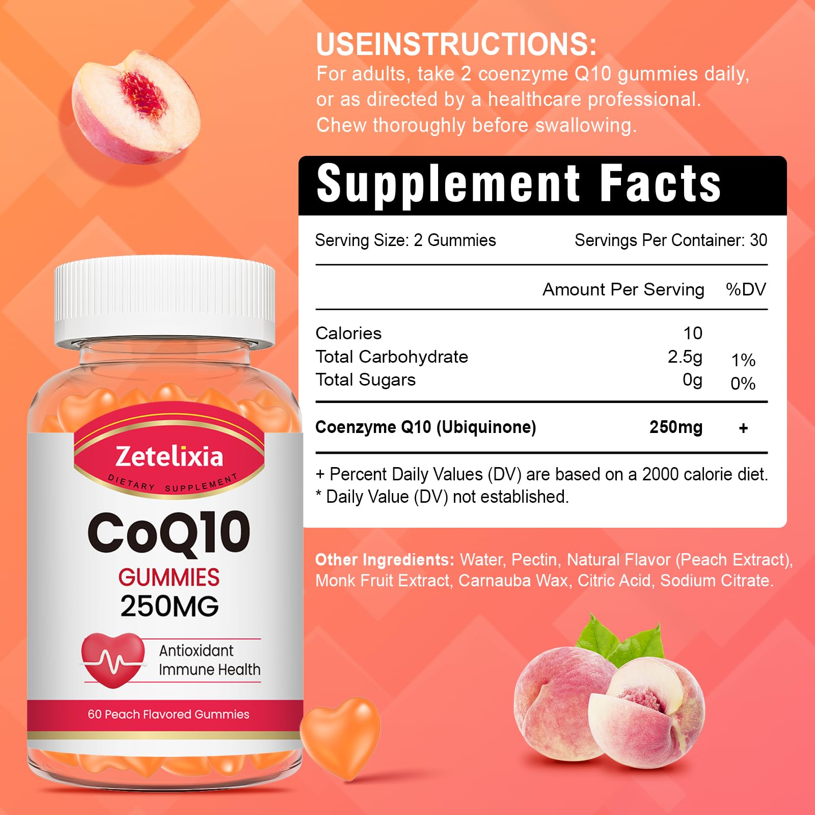 Close-up of peach flavored Zetelixia gummies highlighting easy digestion.