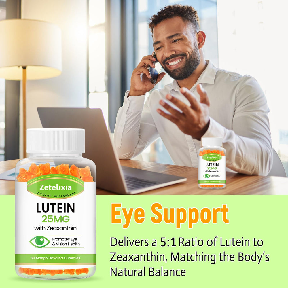Zetelixia Lutein Gummies bottle back lists ingredients for eye wellness