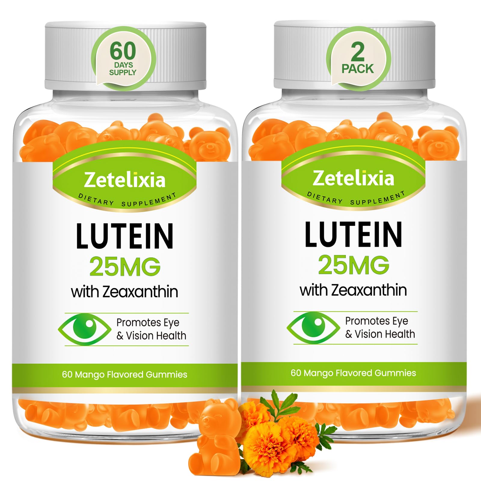 Zetelixia Lutein Gummies bottle front promotes daily eye health with lutein and zeaxanthin