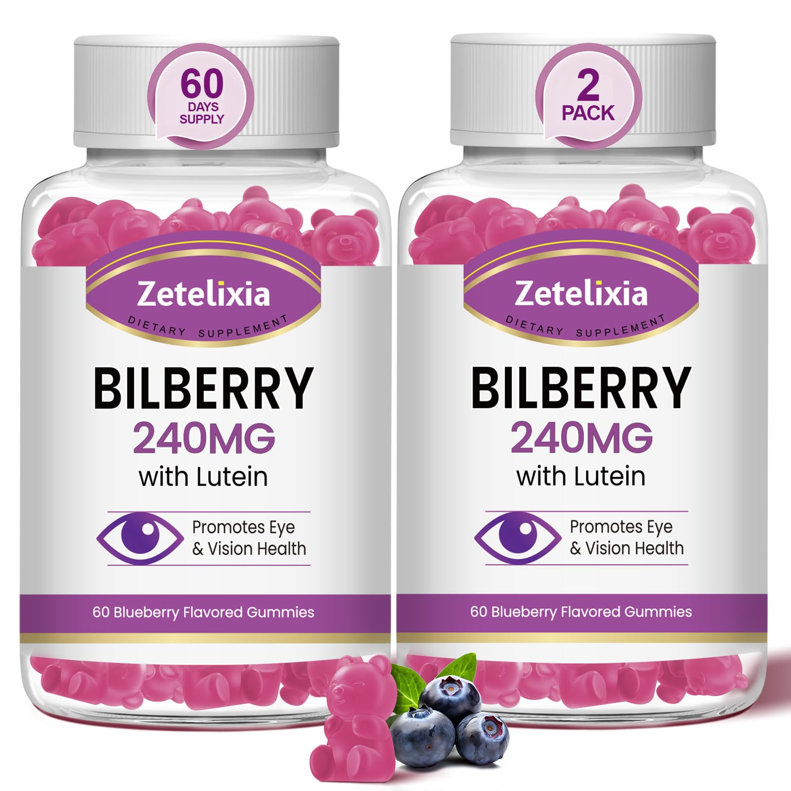 Zetelixia Lutein Gummies bottle pour showing an easy daily eye vitamin routine
