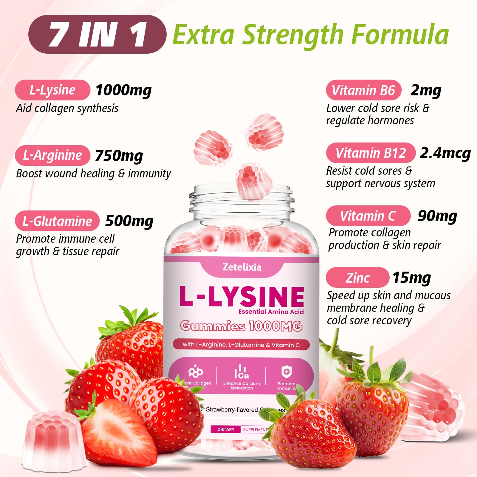 Zetelixia lysine gummies ingredients panel showing essential nutrients