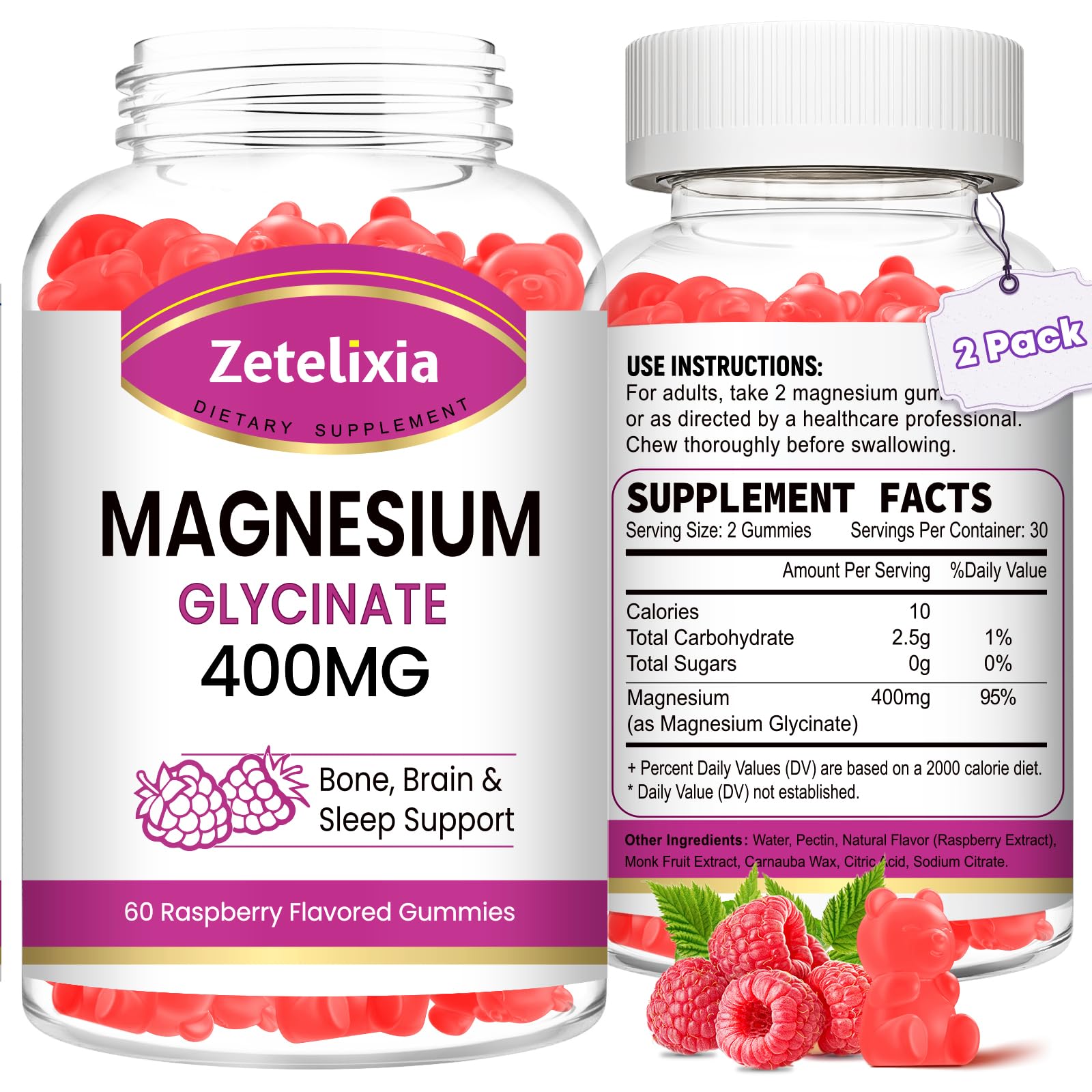 Zetelixia Magnesium Glycinate Gummies bottle front showing its tasty, relaxing chew.
