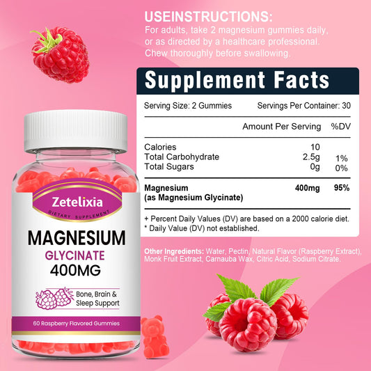 Zetelixia Magnesium Glycinate Gummies bottle label highlighting absorption and flavor.