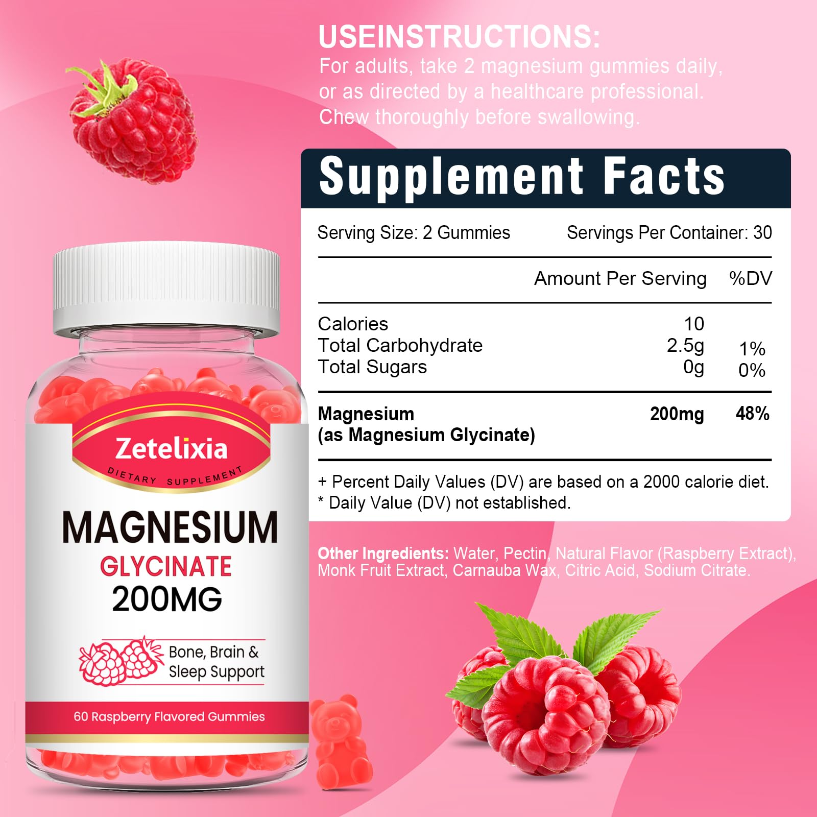 Zetelixia Magnesium Glycinate Gummies bottle pour showing 60 gummies for 30 days