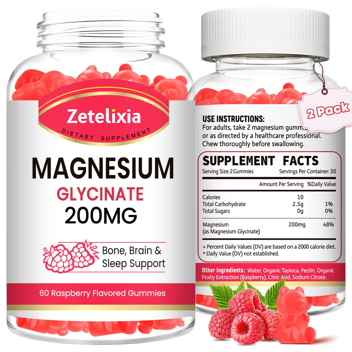 Zetelixia Magnesium Glycinate Gummies bottle with raspberry flavor for relaxation