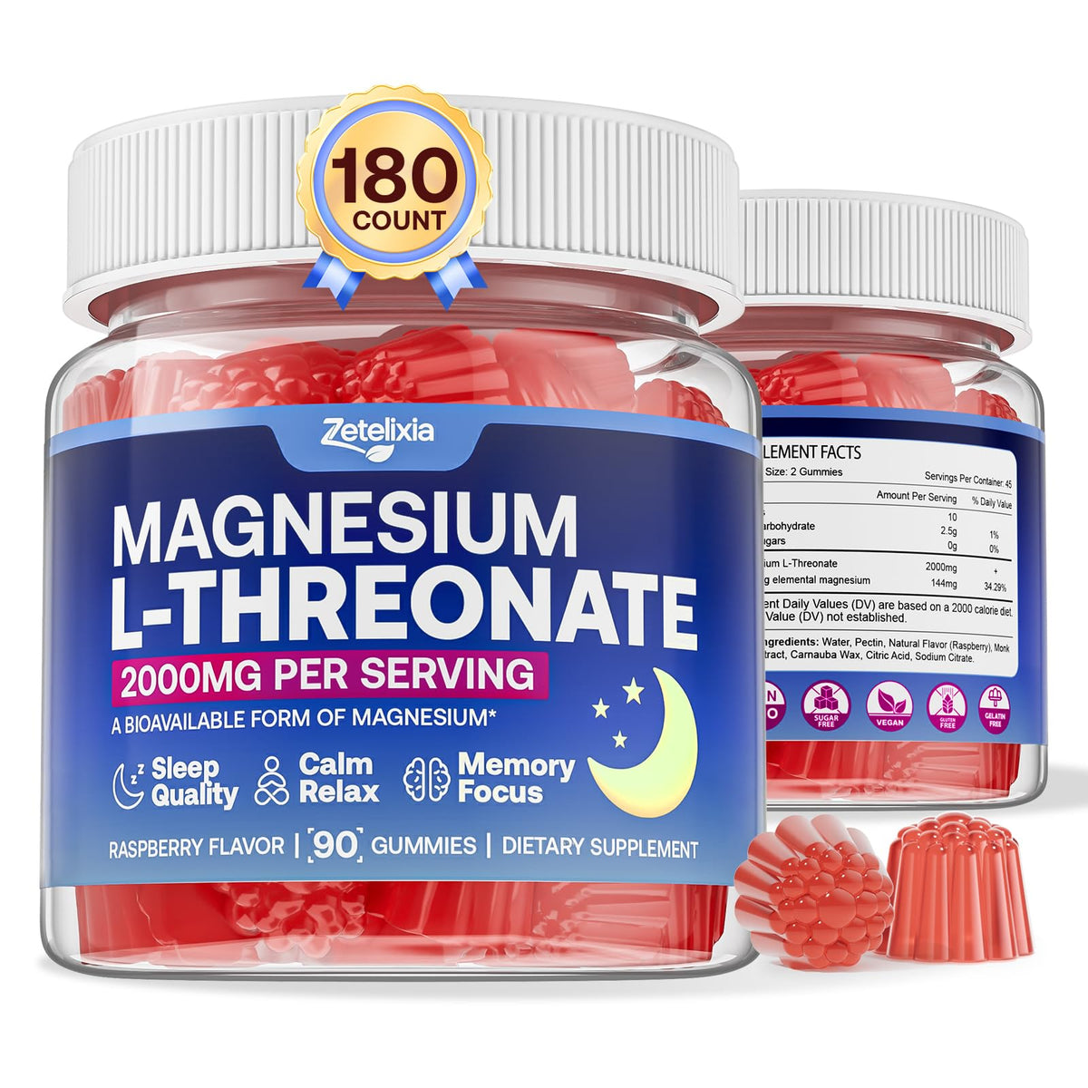 Zetelixia Mg Threonate Gummies bottle front, convenient 2-pack for daily brain support.